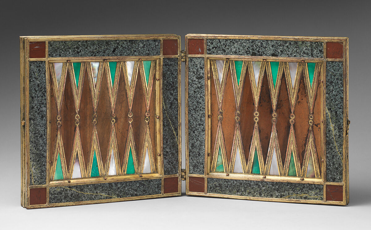 Chess and tric-trac board, Copper-gilt, walnut, ivory, mother-of-pearl, serpentine, rosso antico marble, Spanish, Castile