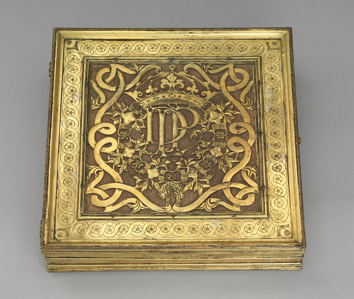 Chess and tric-trac board, Copper-gilt, walnut, ivory, mother-of-pearl, serpentine, rosso antico marble, Spanish, Castile