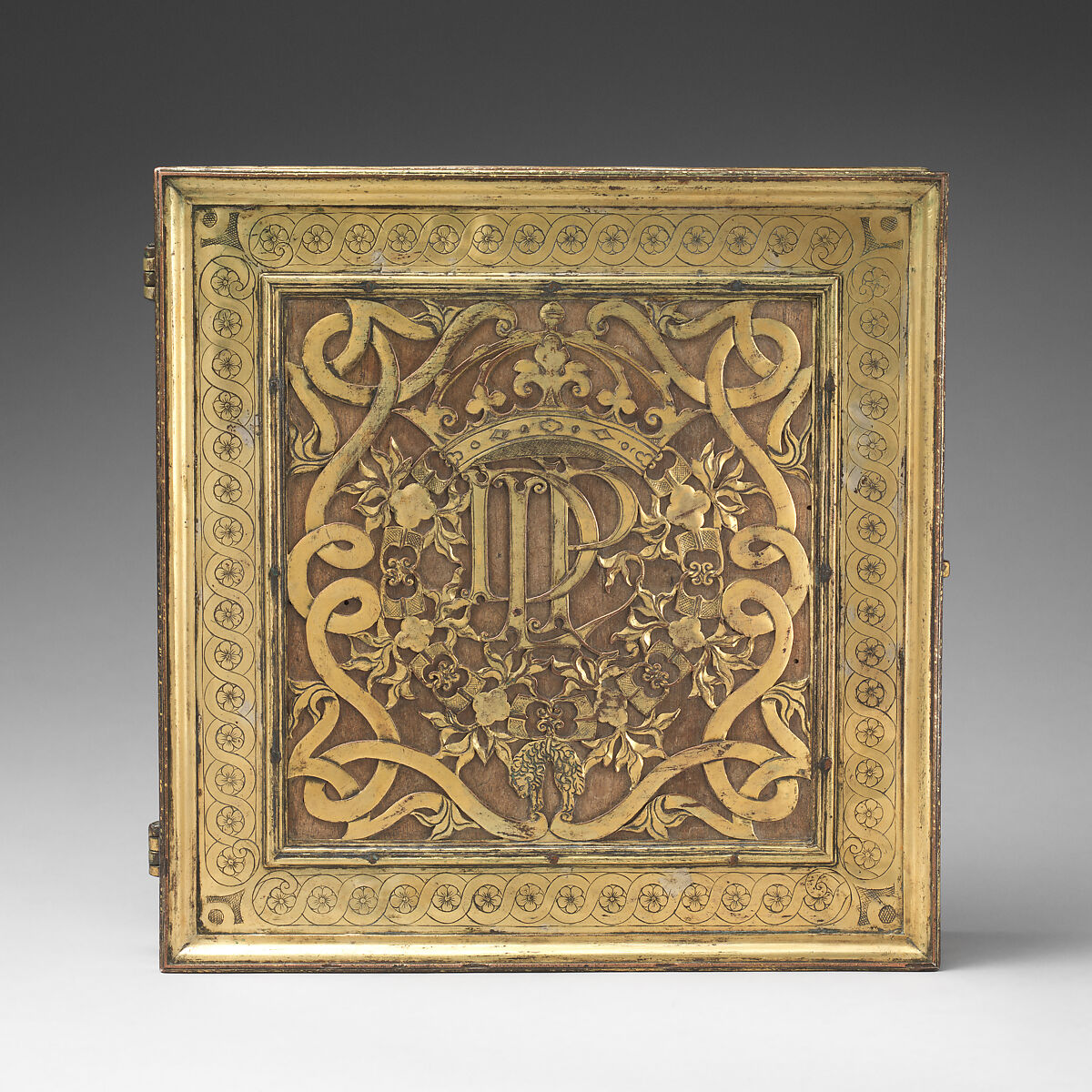 Chess and tric-trac board, Copper-gilt, walnut, ivory, mother-of-pearl, serpentine, rosso antico marble, Spanish, Castile