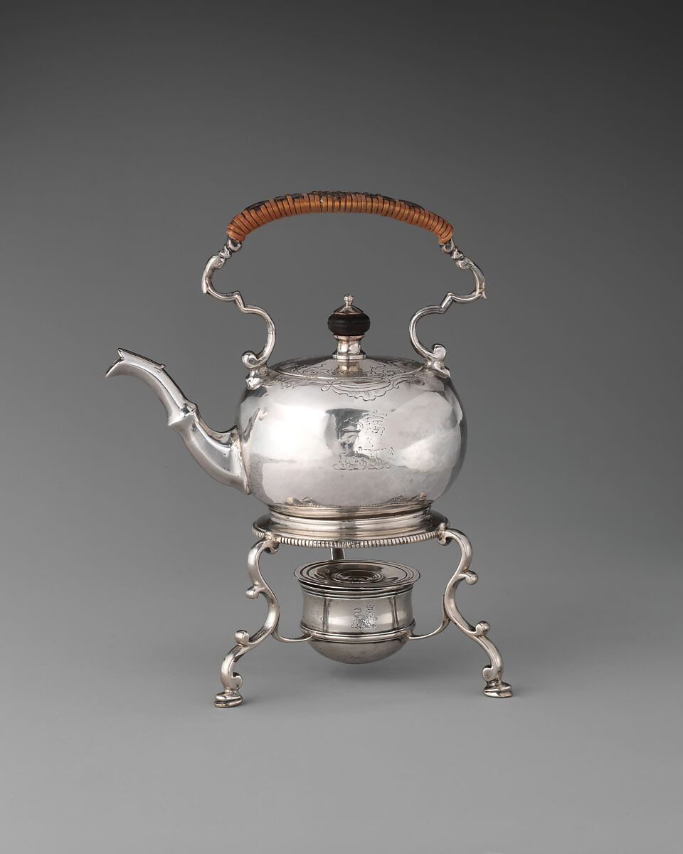 Miniature kettle and stand, John Le Sage (British, active 1718–43), Silver, wood, cane, British, London 