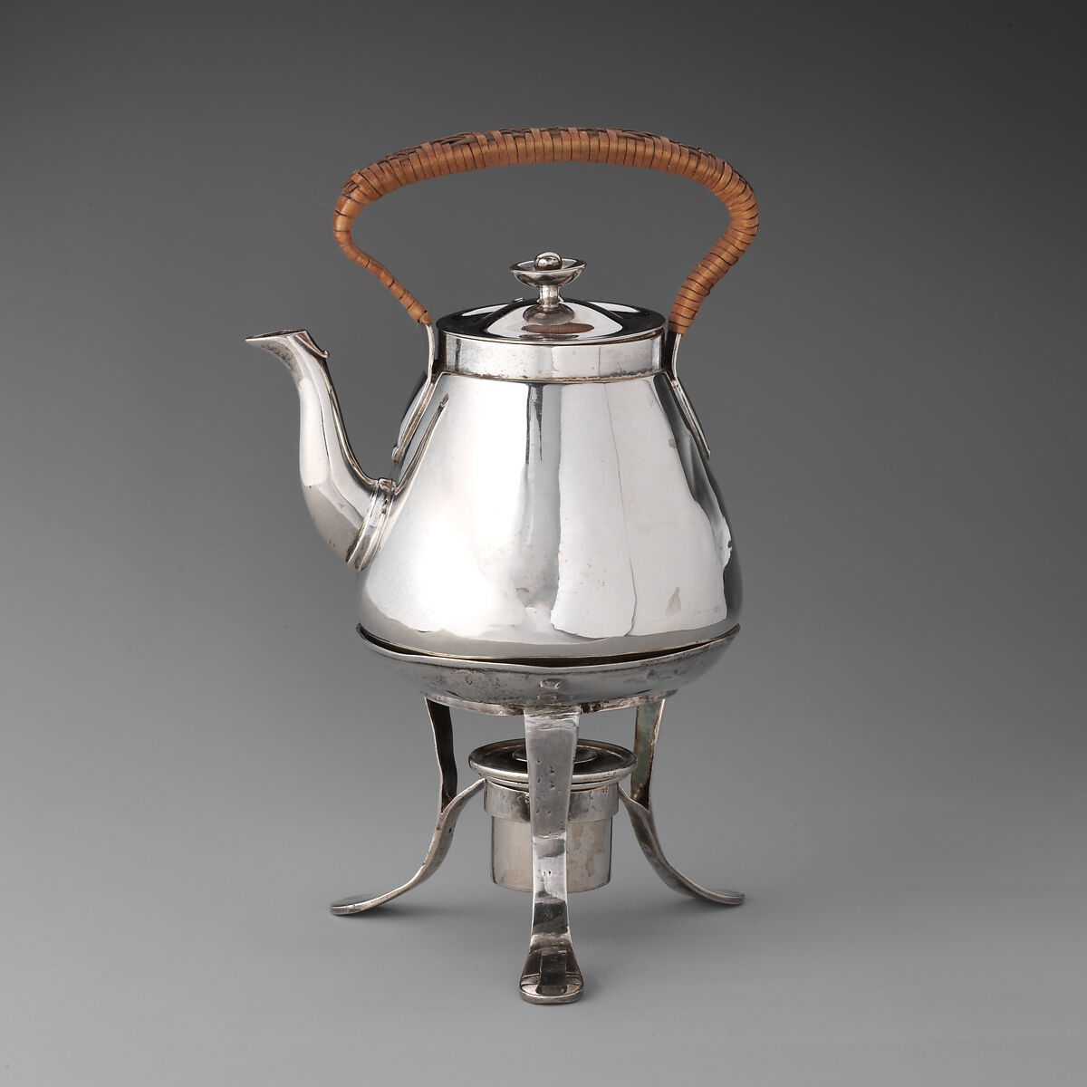 Miniature kettle with stand, W. H., Silver, wicker, British, London 