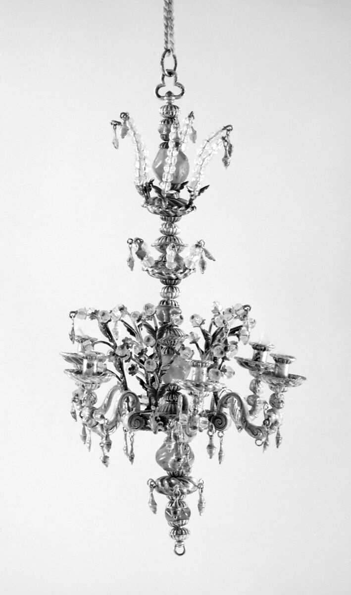 Miniature chandelier (one of a pair), Gold, rock crystal, glass, Italian or German 