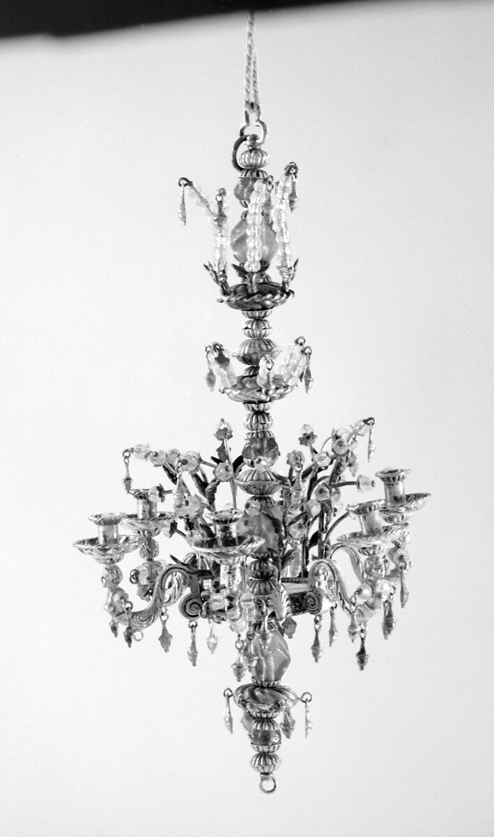 Miniature chandelier (one of a pair), Gold, rock crystal, glass, Italian or German 