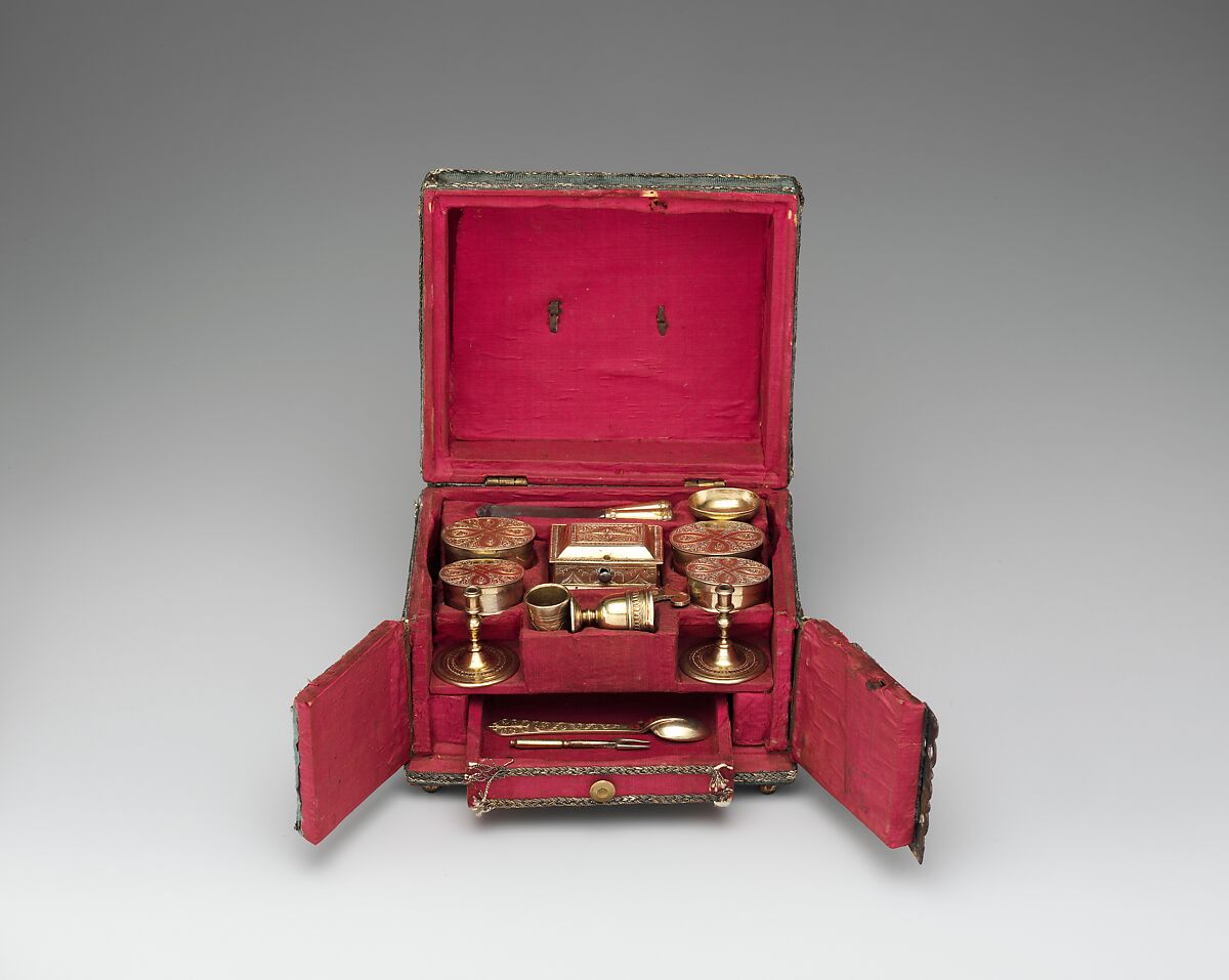 Miniature toilet set case, Silk and metallic braid on wood carcass, gilt iron alloy, German, probably Augsburg