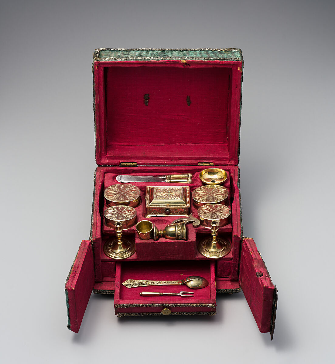 Miniature toilet set case, Silk and metallic braid on wood carcass, gilt iron alloy, German, probably Augsburg