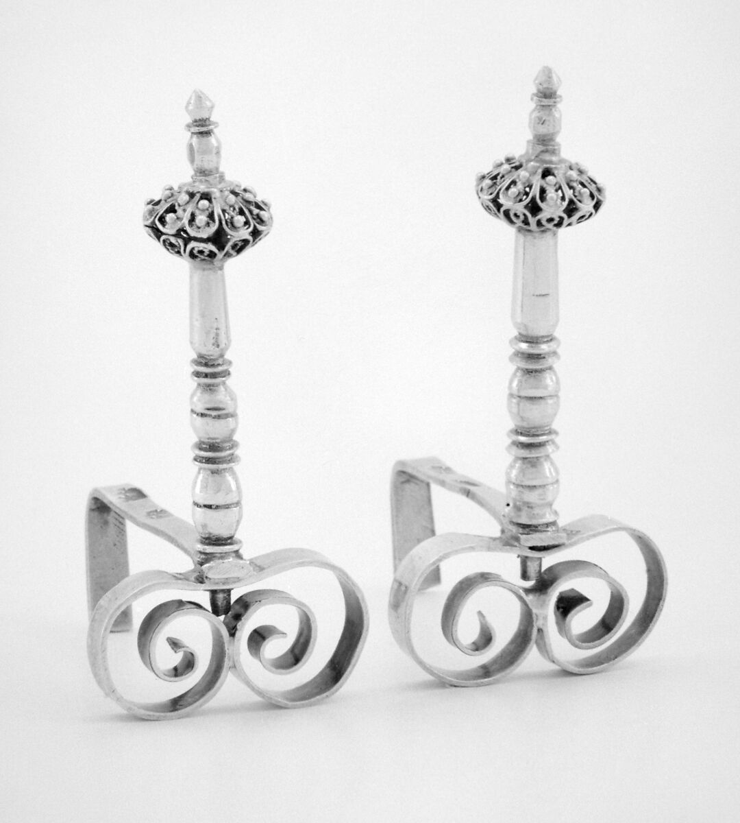 Miniature andiron (one of a pair) (part of a set), Probably George Manjoy (British, active 1685–ca. 1720), Silver, British, London