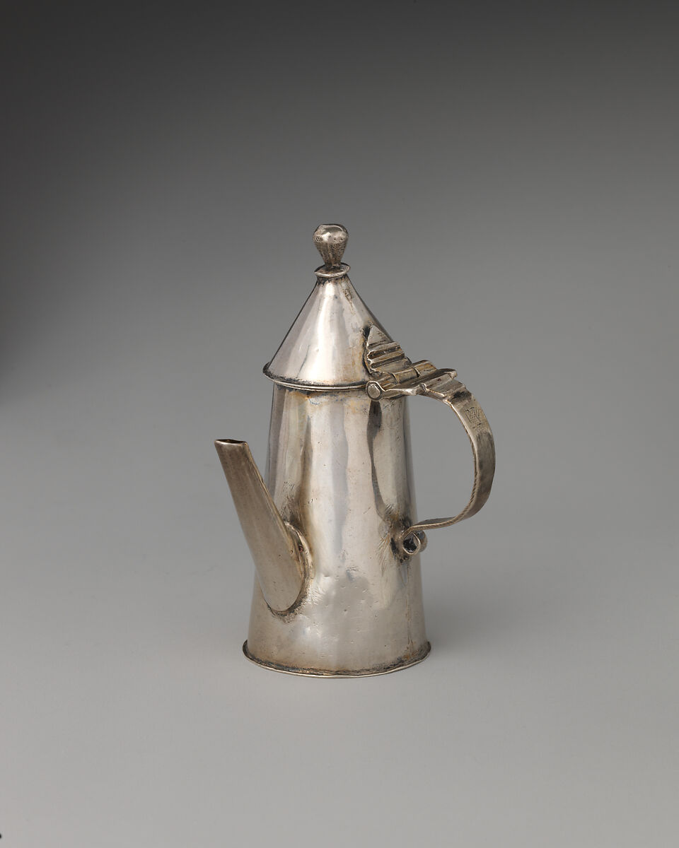 Miniature coffeepot with hinged cover, George Manjoy (British, active 1685–ca. 1720), Silver, British, London 