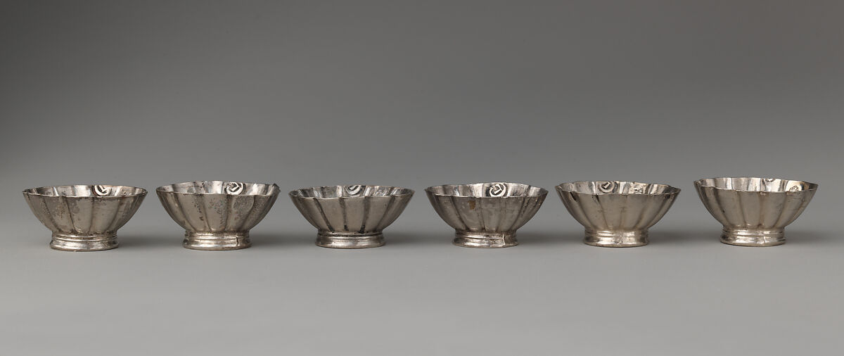 Six miniature cups (part of a set), David Clayton (British, active 1689), Silver, British, London 
