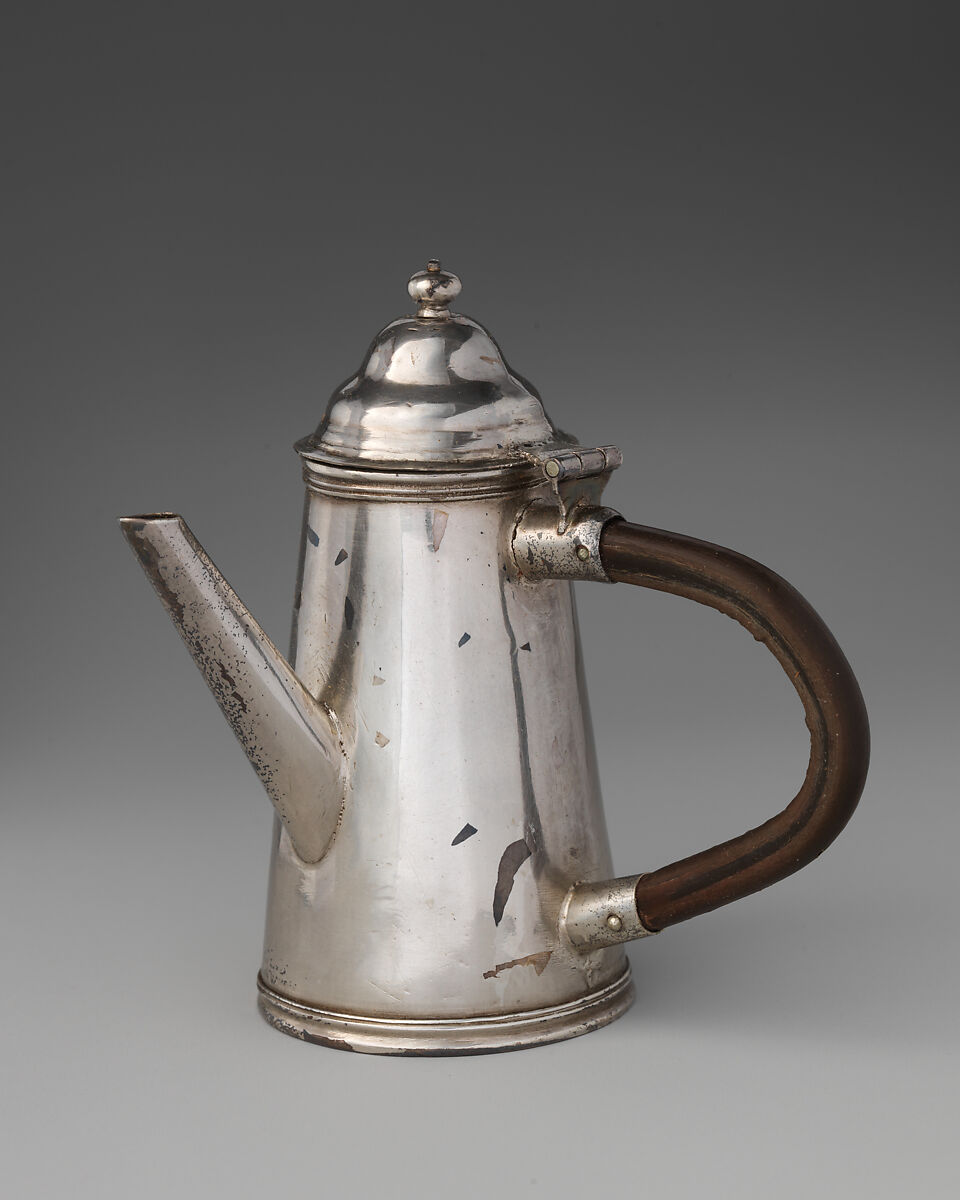 Miniature coffeepot, David Clayton (British, active 1689), Silver, cane, British, London 