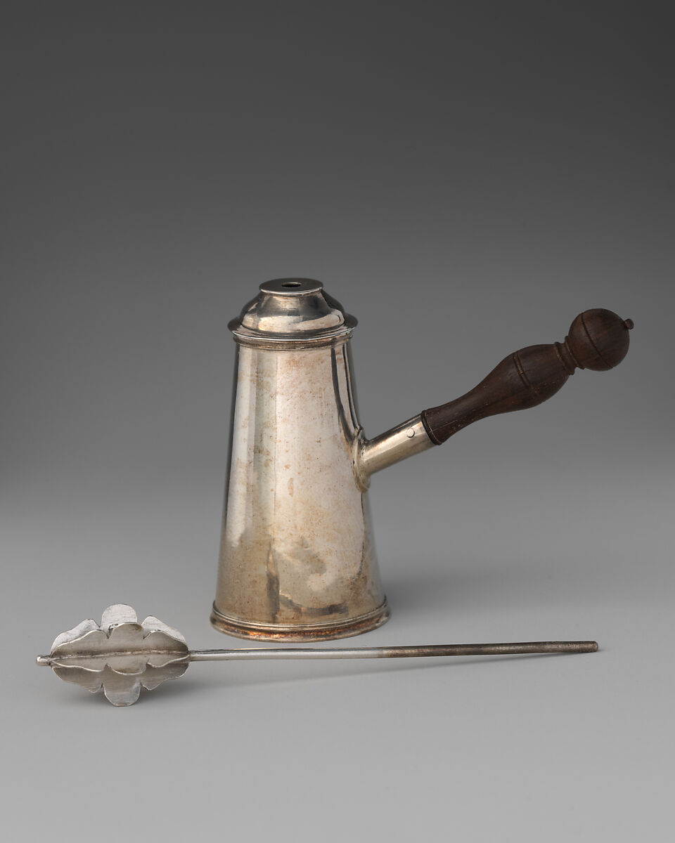 Miniature chocolate pot, David Clayton (British, active 1689), Silver, wood, British, London