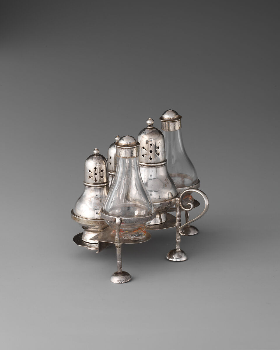 Miniature cruet stand, David Clayton (British, active 1689), Silver, glass, British, London 