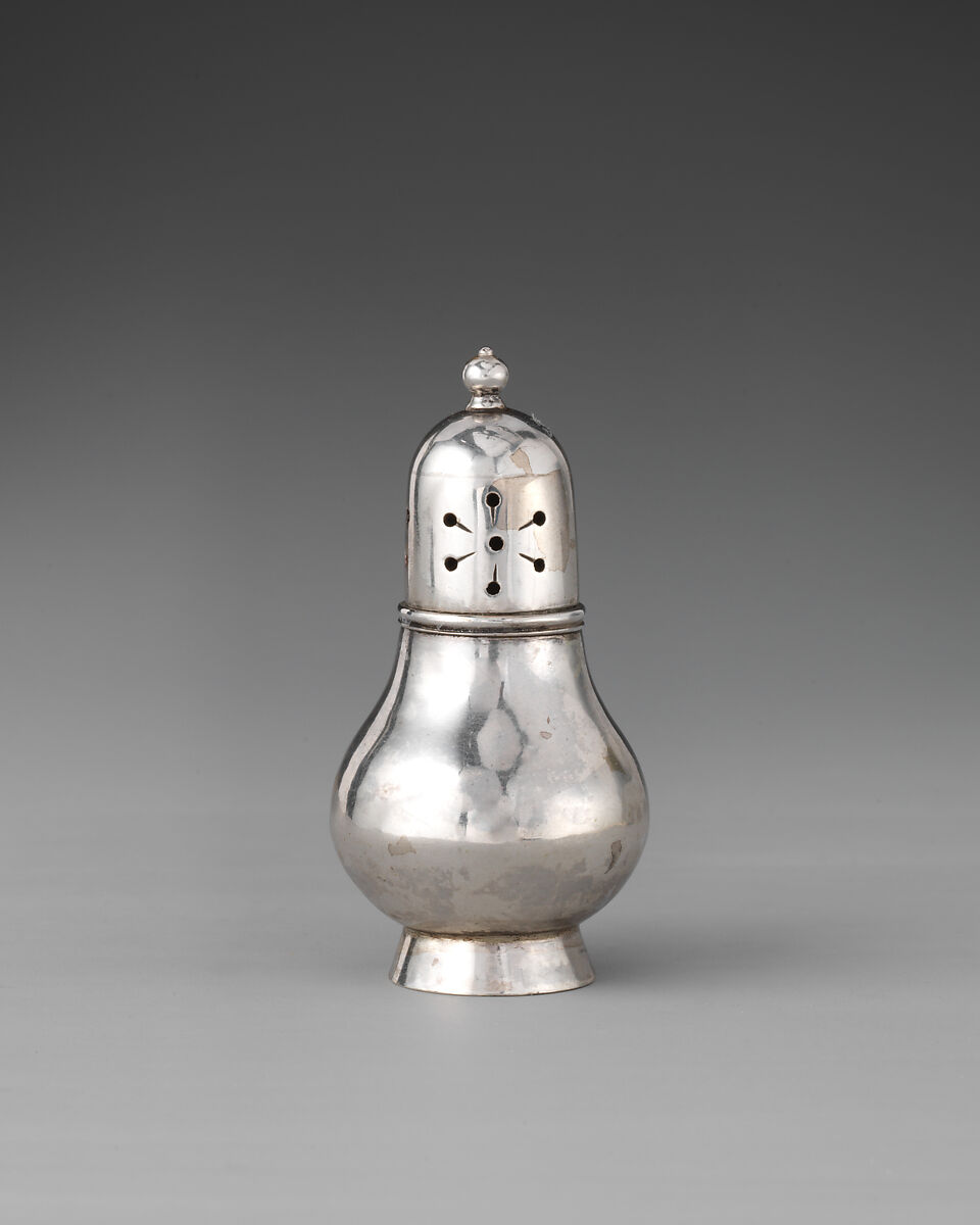 Miniature caster with cover, David Clayton (British, active 1689), Silver, glass, British, London 