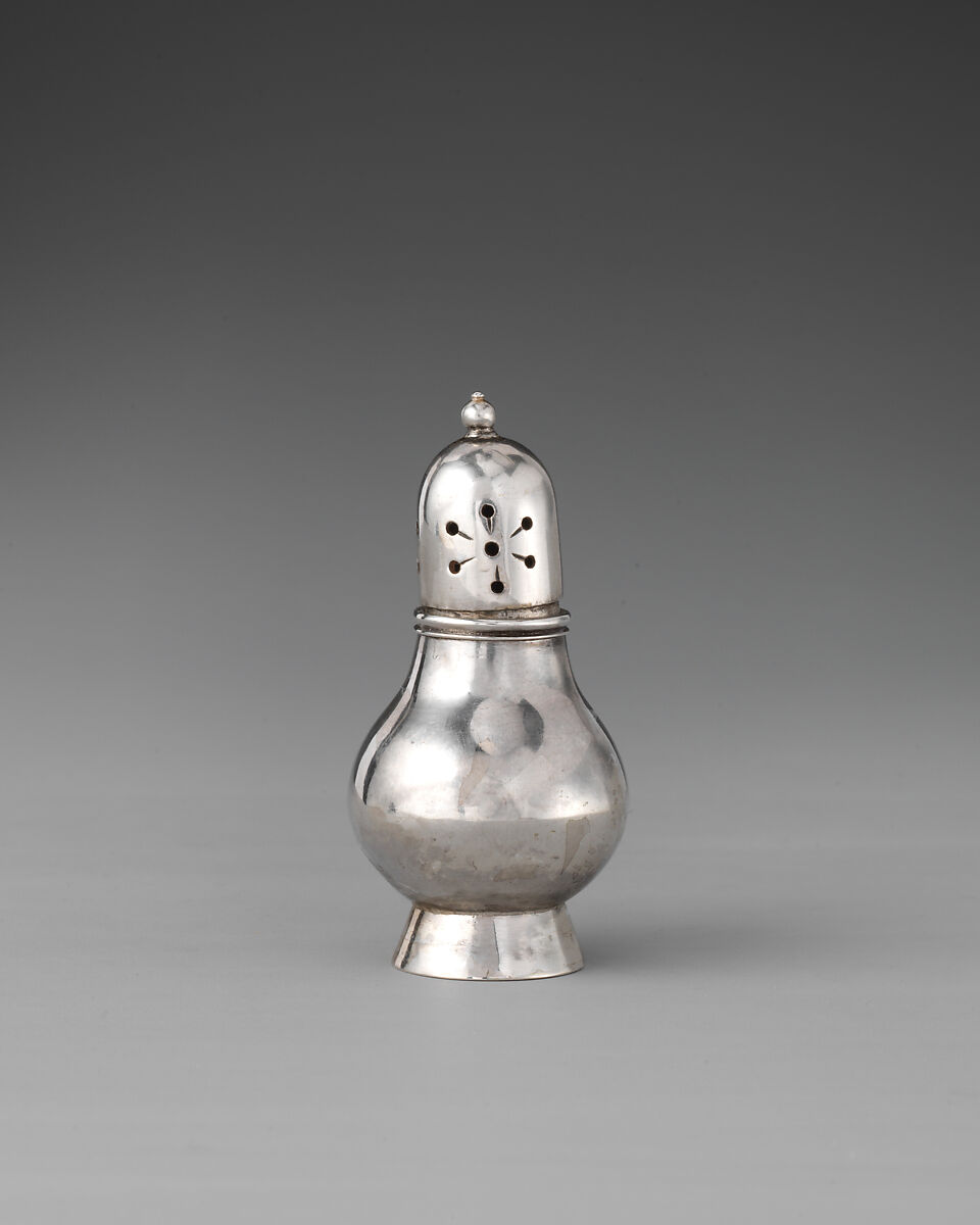 Miniature caster with cover, David Clayton (British, active 1689), Silver, glass, British, London 