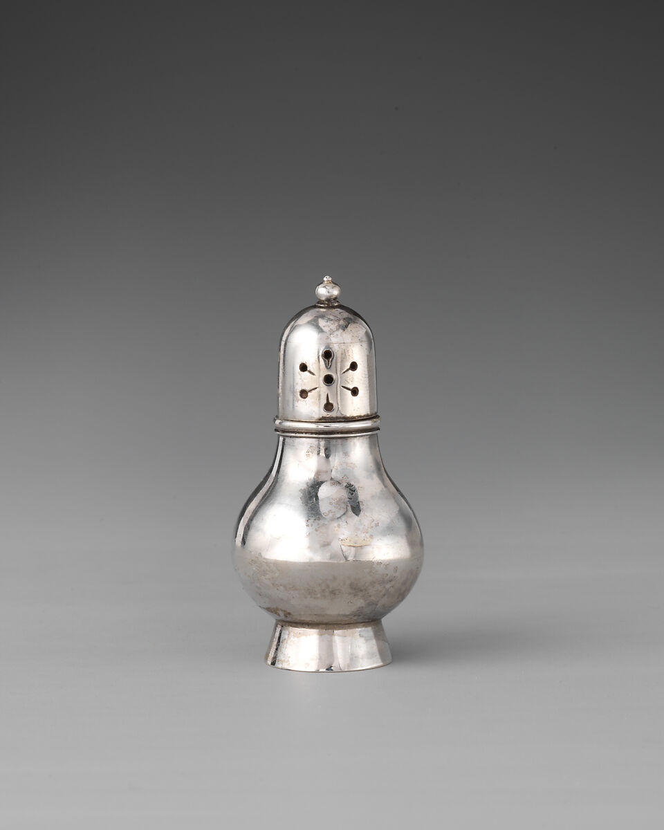 Miniature caster with cover, David Clayton (British, active 1689), Silver, glass, British, London 