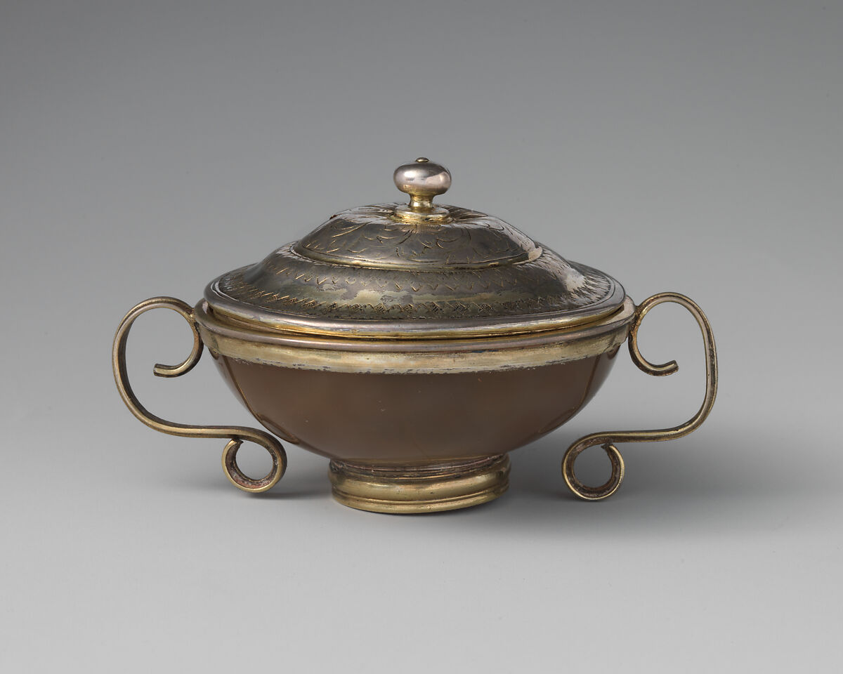 Miniature porringer, I.S., Silver-gilt, agate, German 