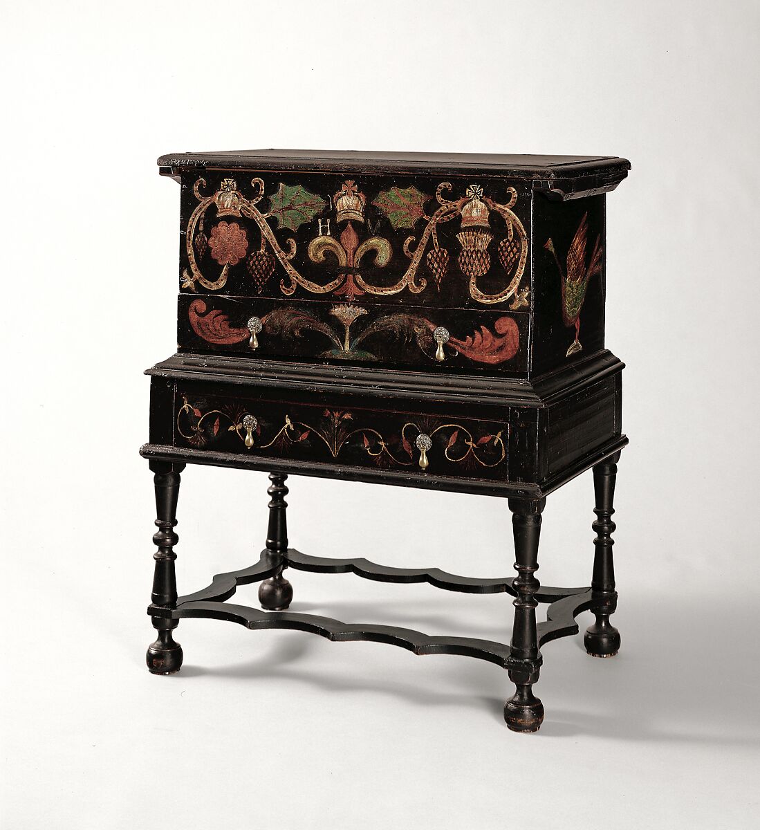 Chest-on-frame, Painted yellow poplar, chestnut, birch, ash, oak,
white cedar, American