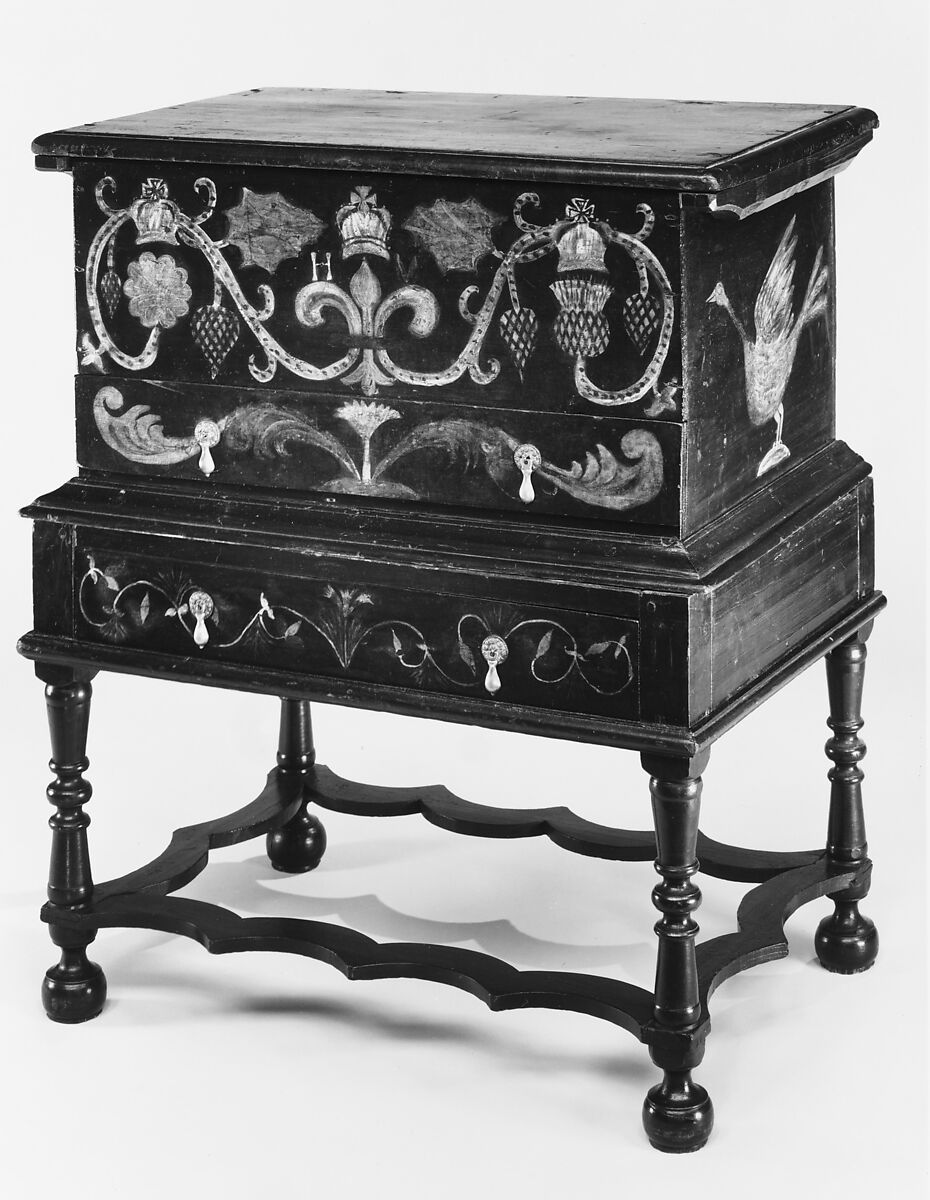 Chest-on-frame, Painted yellow poplar, chestnut, birch, ash, oak,
white cedar, American