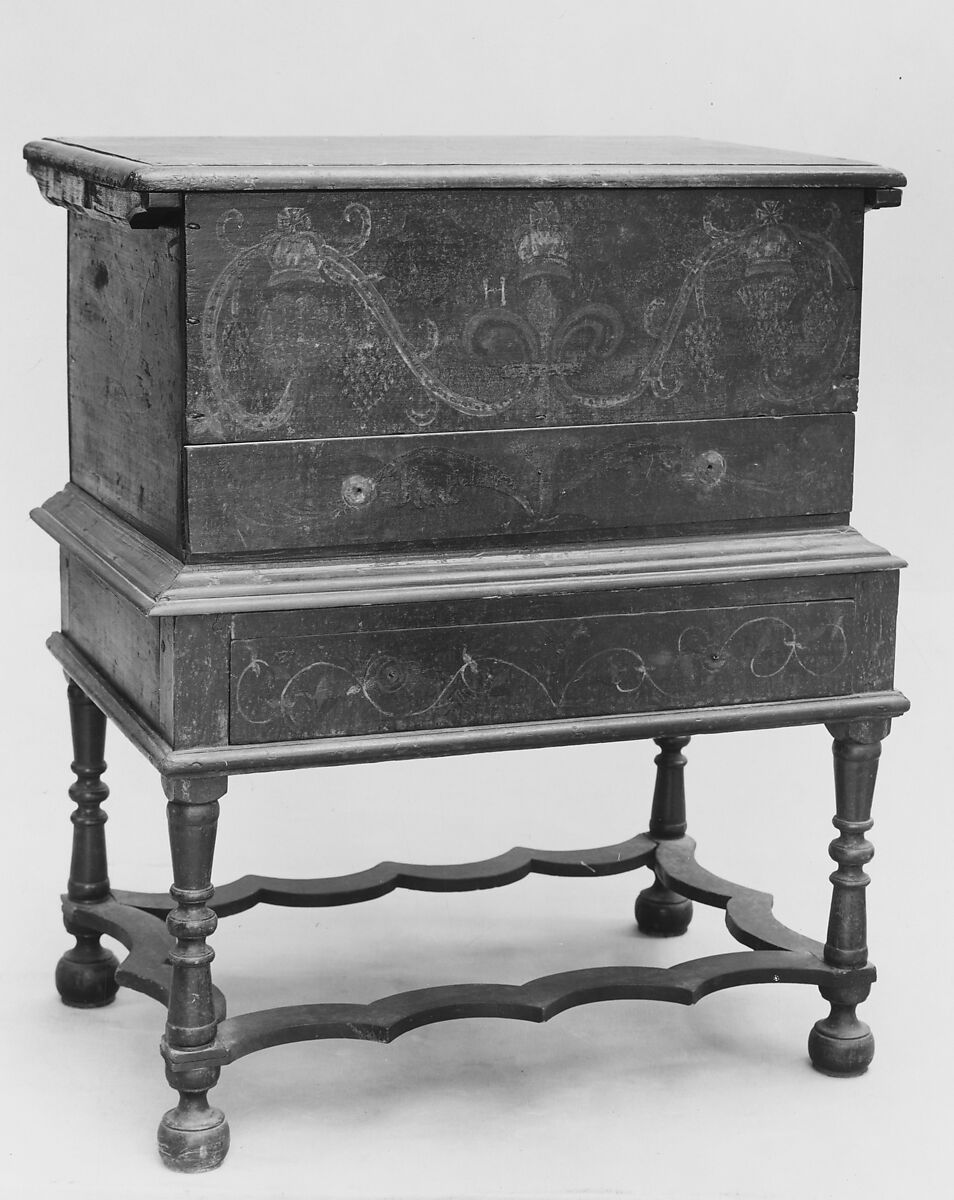 Chest-on-frame, Painted yellow poplar, chestnut, birch, ash, oak,
white cedar, American