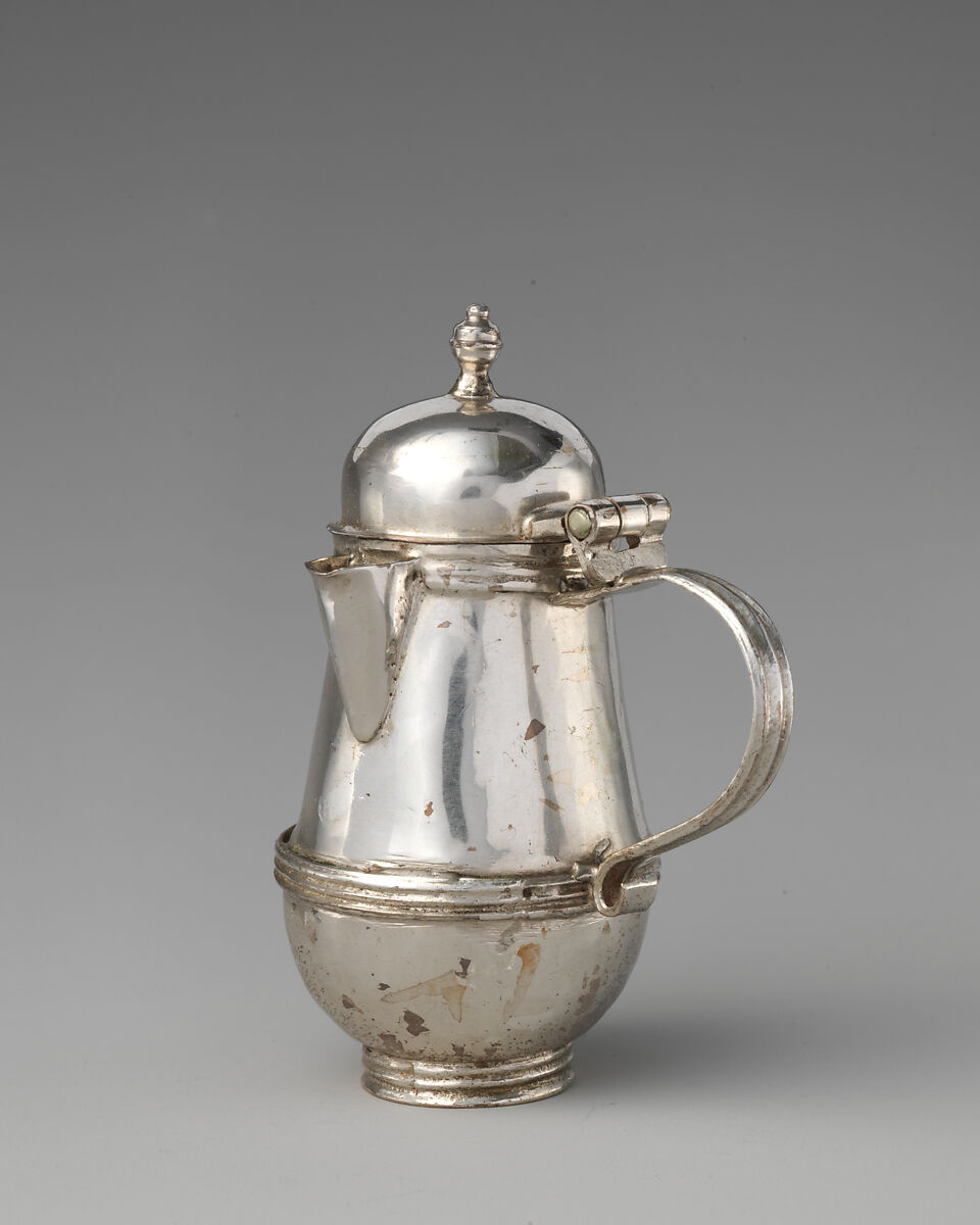 Miniature coffeepot with hinged cover, Possibly by George Manjoy (British, active 1685–ca. 1720), Silver, British, London 