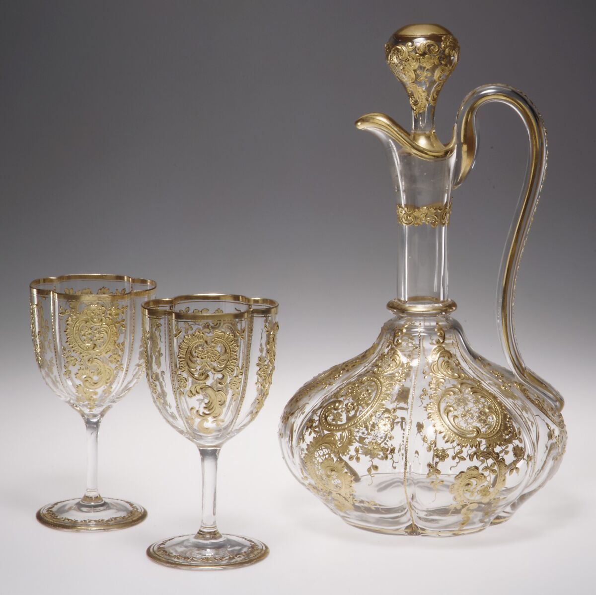 Ewer with stopper (part of a service), Glass, gold, French 