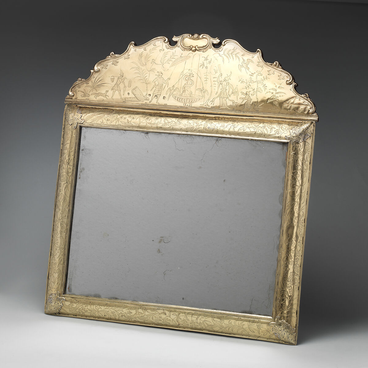 Mirror with cresting (part of a toilet service), William Fowle (1658–1684, active 1681–84), Silver gilt, British, London 