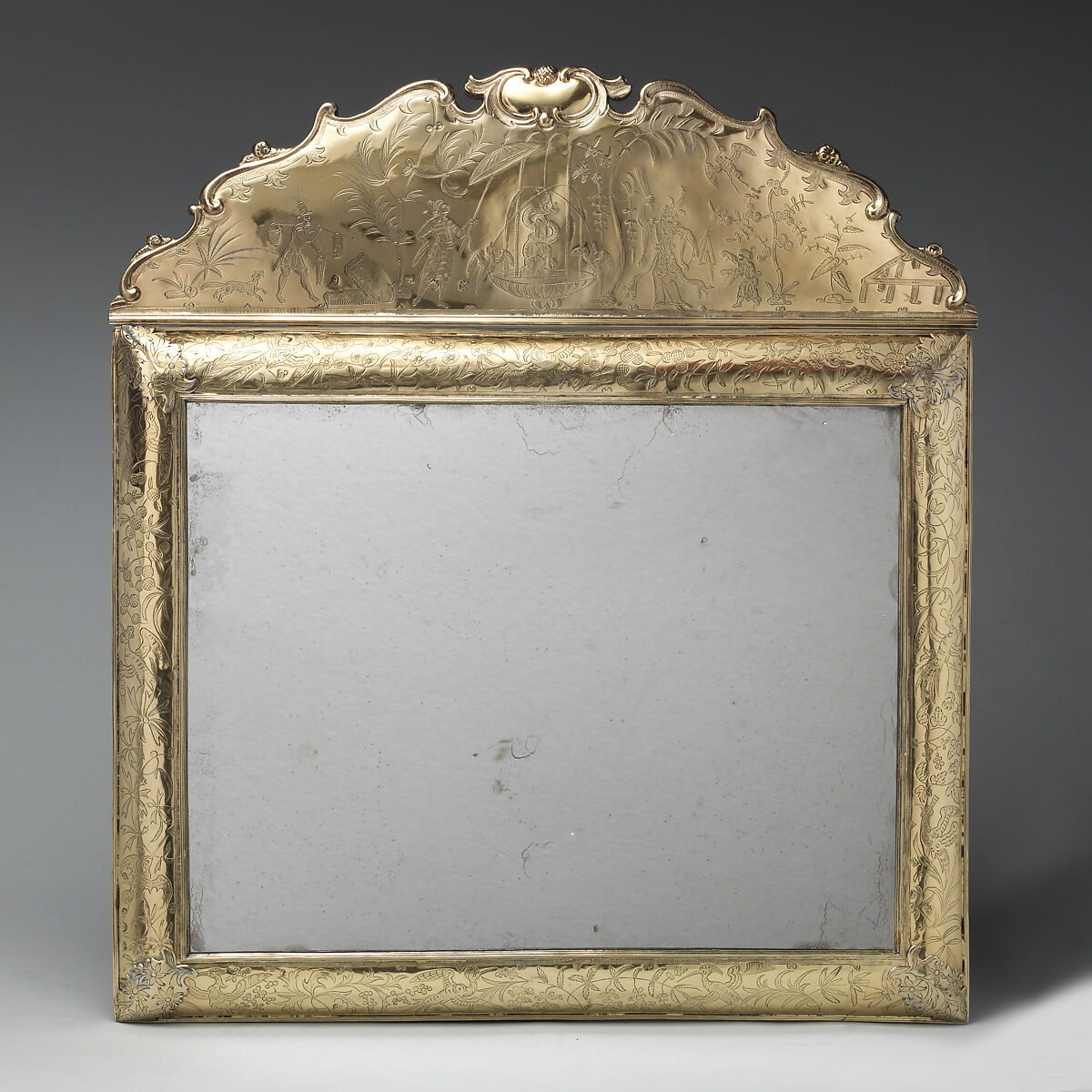 Mirror with cresting (part of a toilet service), William Fowle (1658–1684, active 1681–84), Silver gilt, British, London