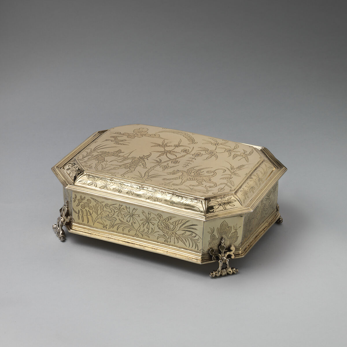 Casket (part of a toilet service), William Fowle, Silver gilt, British, London