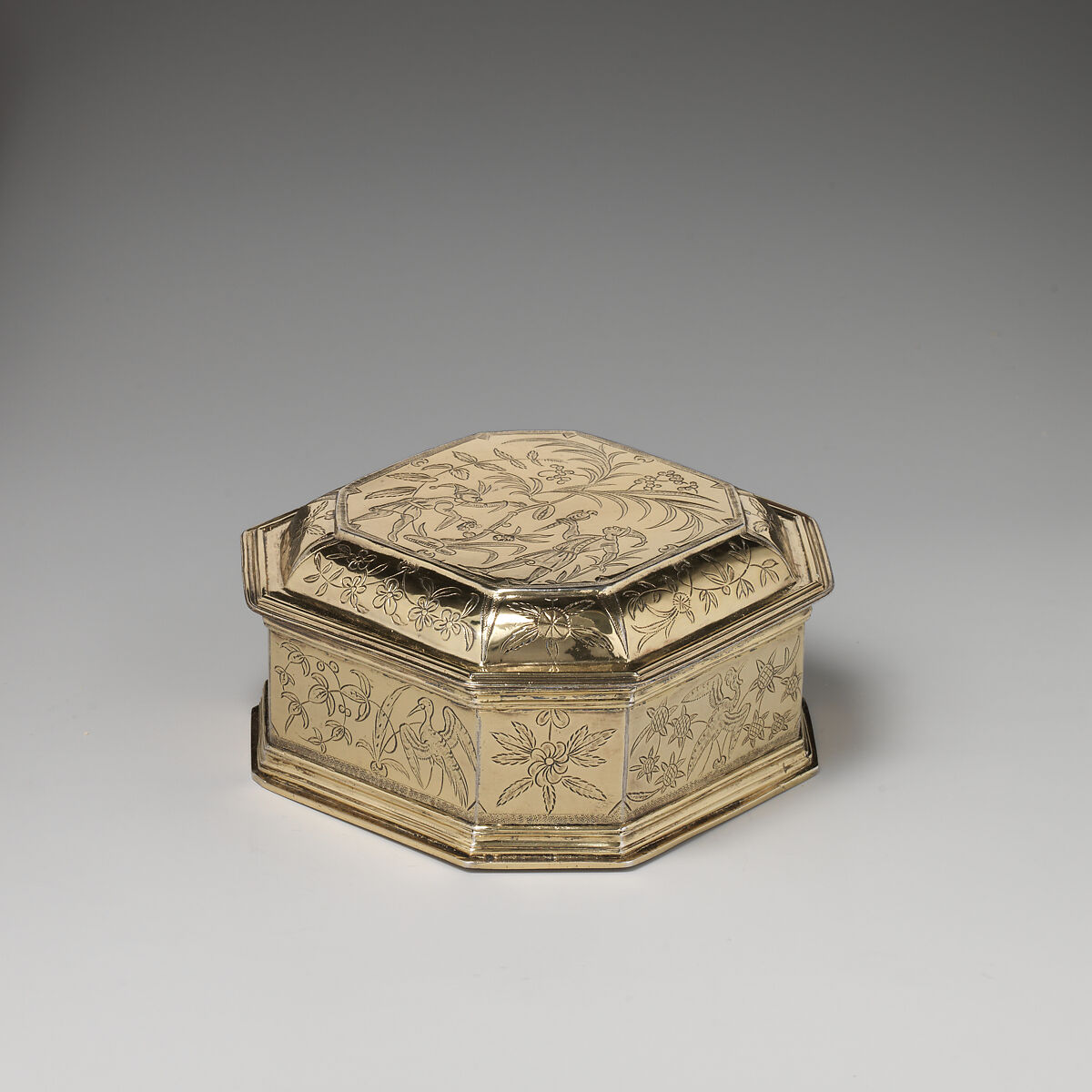 Box with cover (one of a pair) (part of a toilet service), William Fowle (1658–1684, active 1681–84), Silver gilt, British, London 
