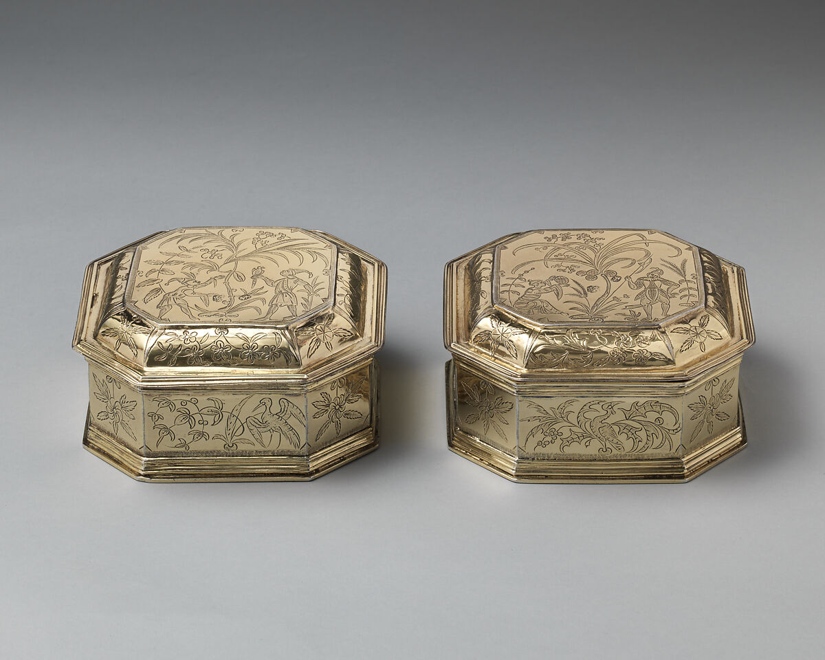 Box with cover (one of a pair) (part of a toilet service), William Fowle (1658–1684, active 1681–84), Silver gilt, British, London