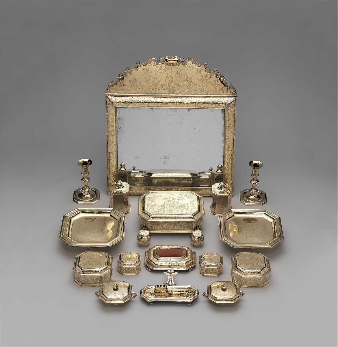 Box with cover (one of a pair) (part of a toilet service), William Fowle (1658–1684, active 1681–84), Silver gilt, British, London