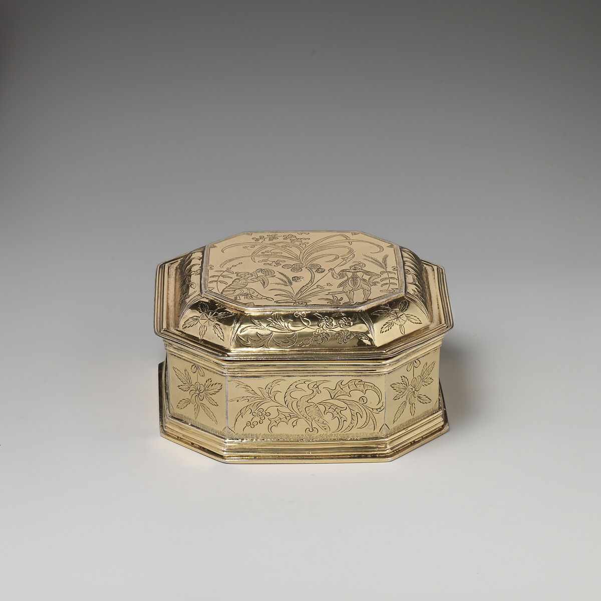 Box with cover (one of a pair) (part of a toilet service), William Fowle, Silver gilt, British, London