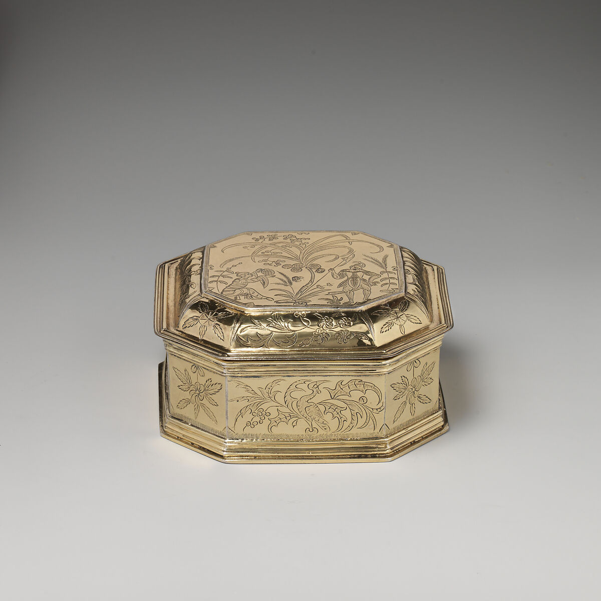 Box with cover (one of a pair) (part of a toilet service), William Fowle (1658–1684, active 1681–84), Silver gilt, British, London 