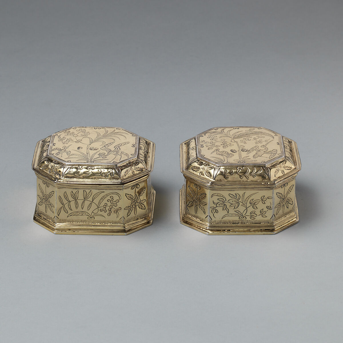Pair of boxes with covers (part of a toilet service), William Fowle (1658–1684, active 1681–84), Silver gilt, British, London 