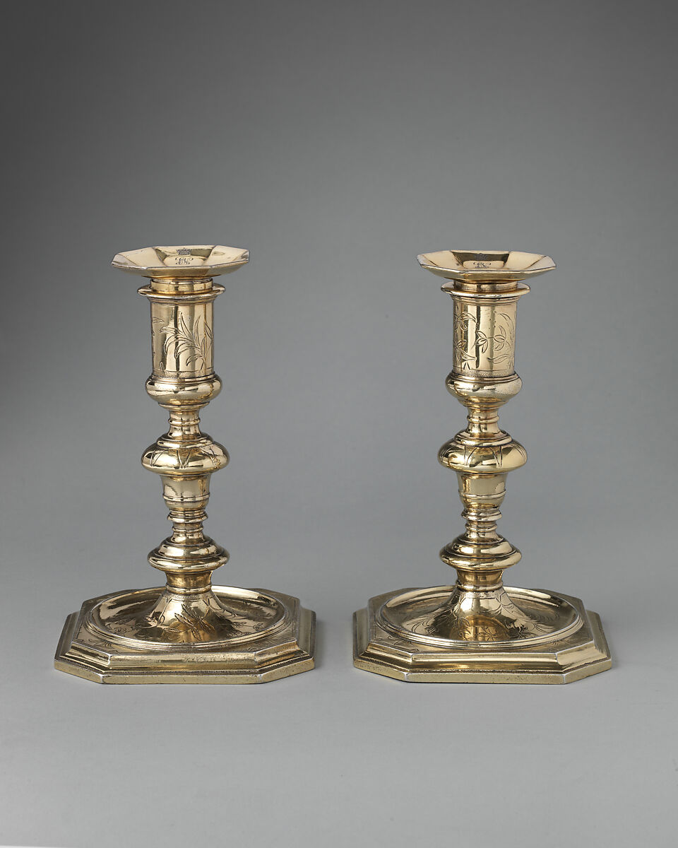 Pair of candlesticks (part of a toilet service), William Fowle (1658–1684, active 1681–84), Silver gilt, British, London 