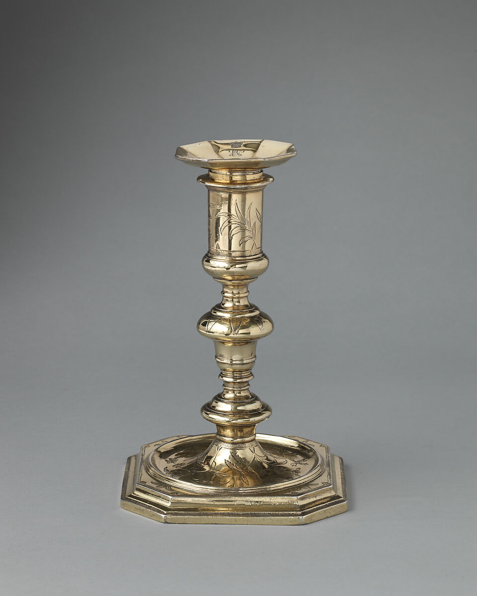 Pair of candlesticks (part of a toilet service), William Fowle (1658–1684, active 1681–84), Silver gilt, British, London