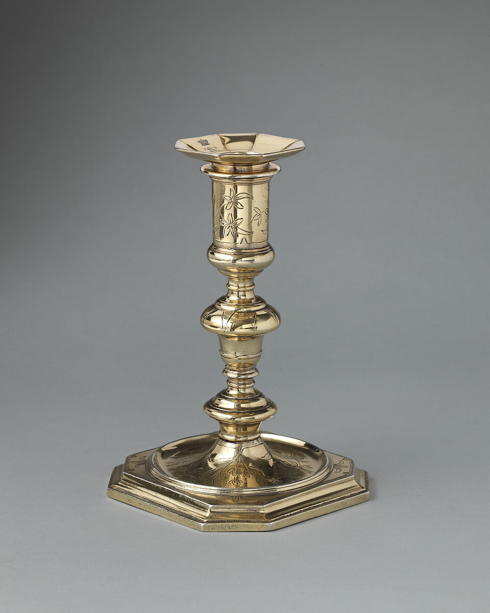 Pair of candlesticks (part of a toilet service), William Fowle (1658–1684, active 1681–84), Silver gilt, British, London