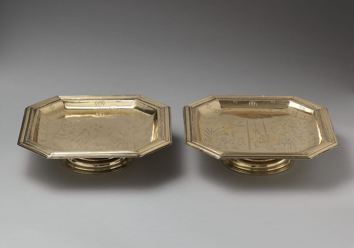 Pair of salvers (part of a toilet service), William Fowle, Silver gilt, British, London