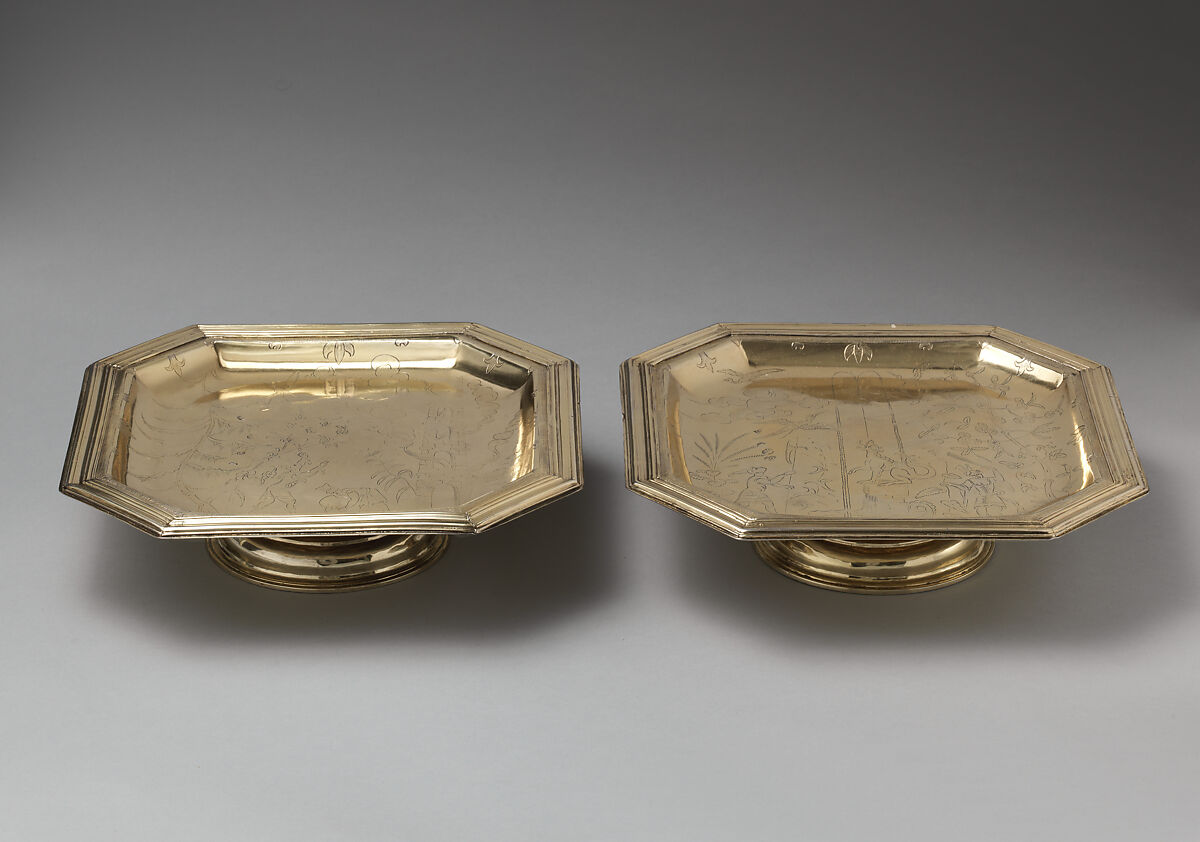 Pair of salvers (part of a toilet service), William Fowle (1658–1684, active 1681–84), Silver gilt, British, London 