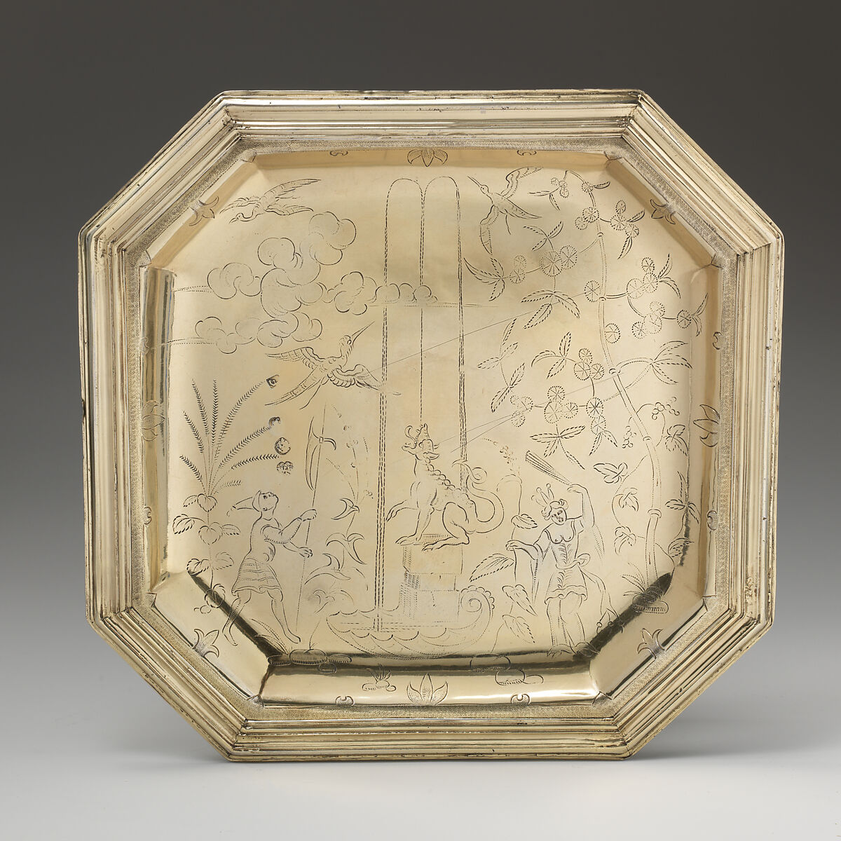 Pair of salvers (part of a toilet service), William Fowle (1658–1684, active 1681–84), Silver gilt, British, London