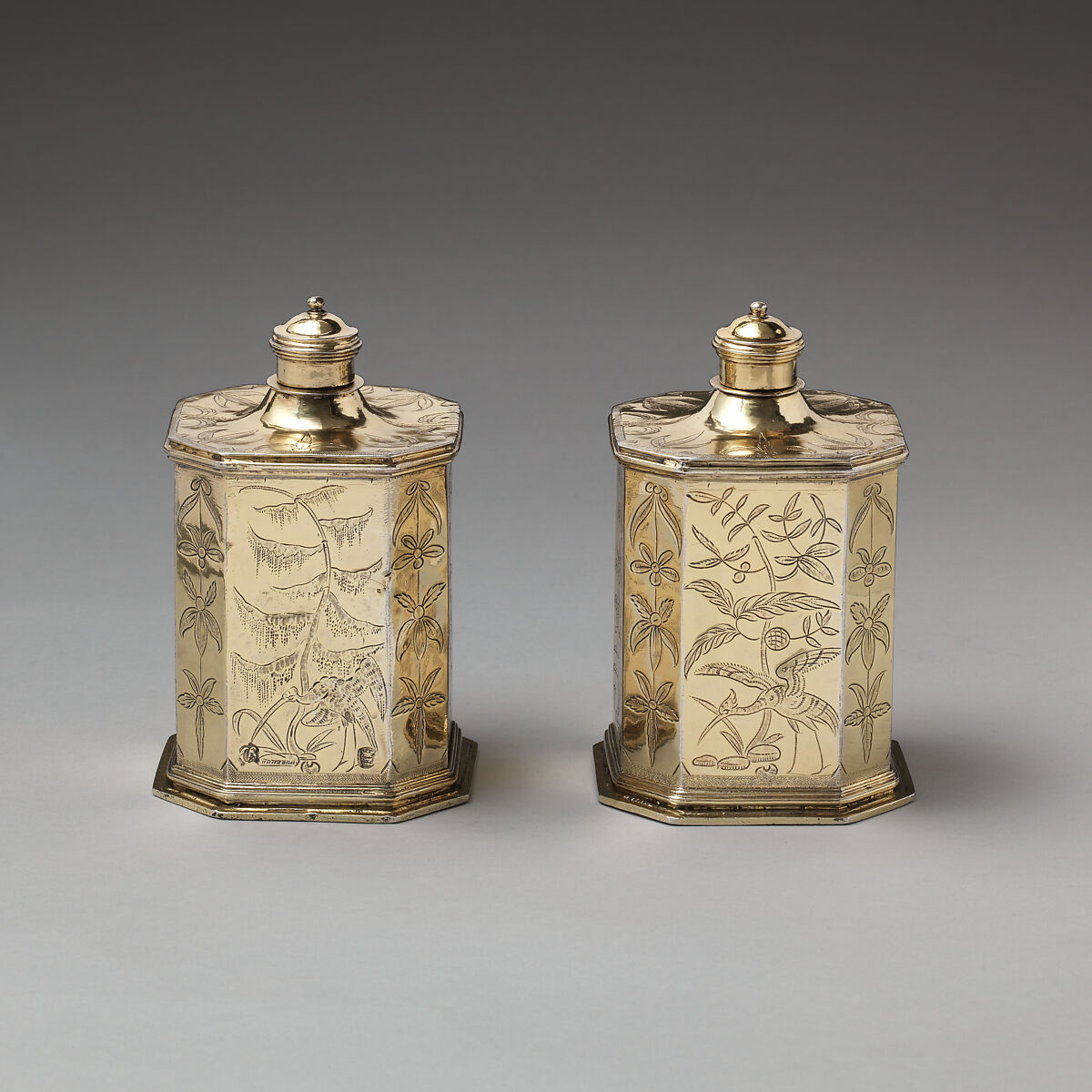 Pair of scent bottles (part of a toilet service), D., London, Silver gilt, British, London