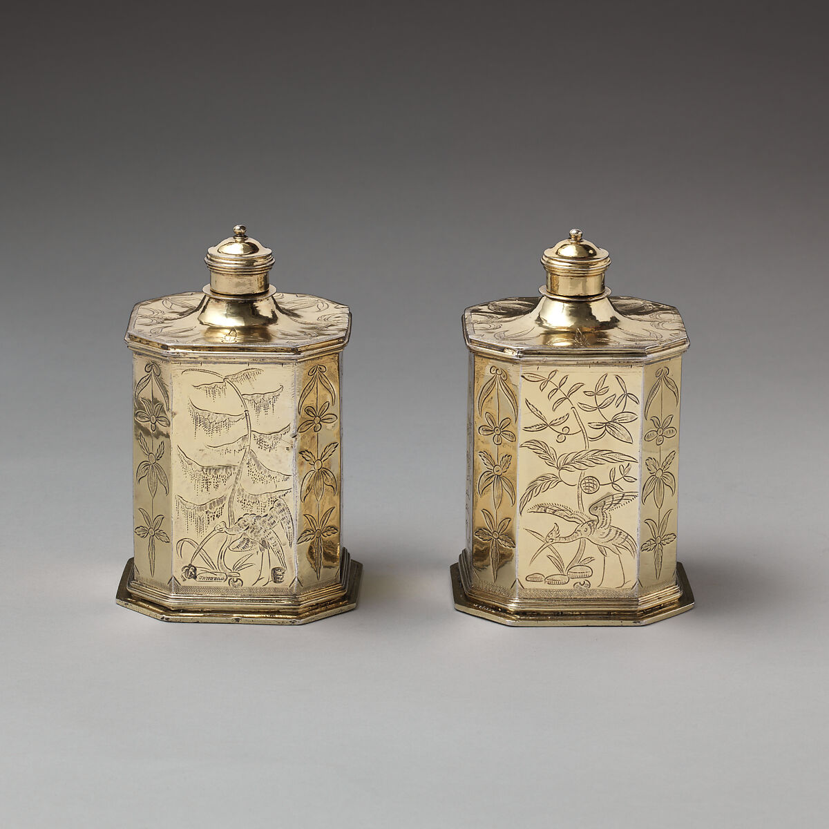 Pair of scent bottles (part of a toilet service), D., London, Silver gilt, British, London 