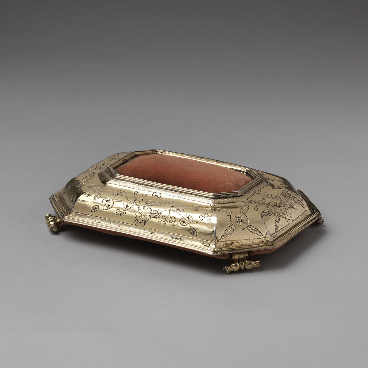 Pin cushion (part of a toilet service), D., London, Silver gilt, British, London 