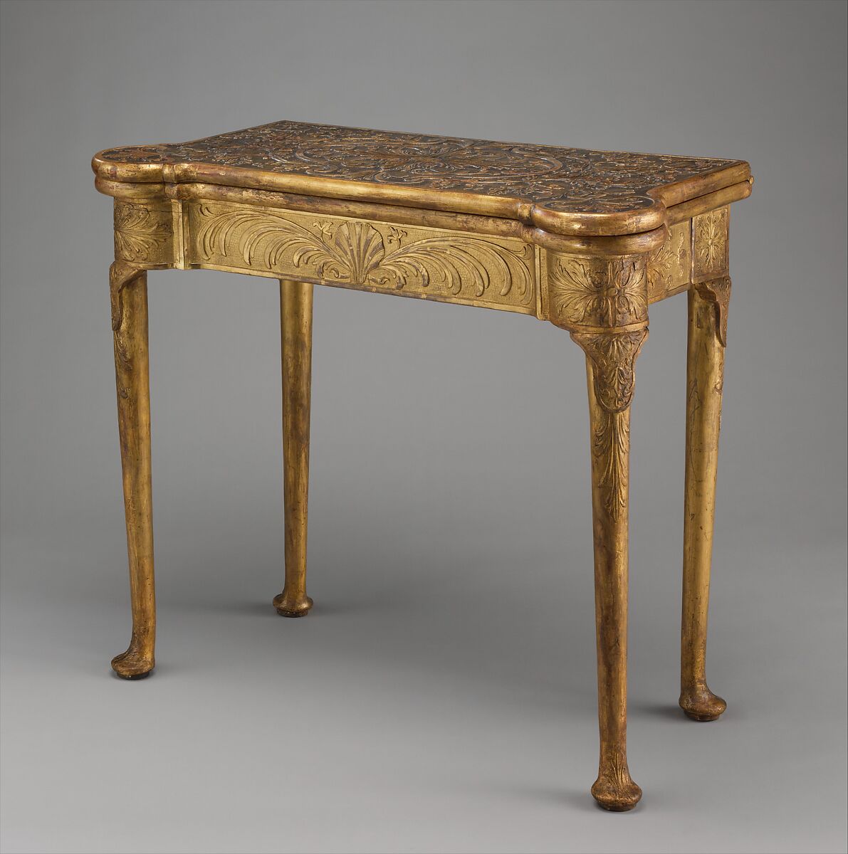 Card table, Oak; carved and gilded gesso; lined with modern felt; iron fittings, British 