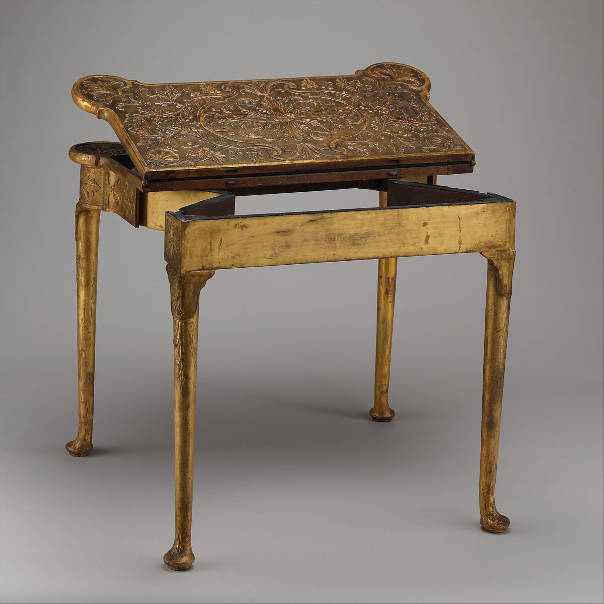 Card table, Oak; carved and gilded gesso; lined with modern felt; iron fittings, British