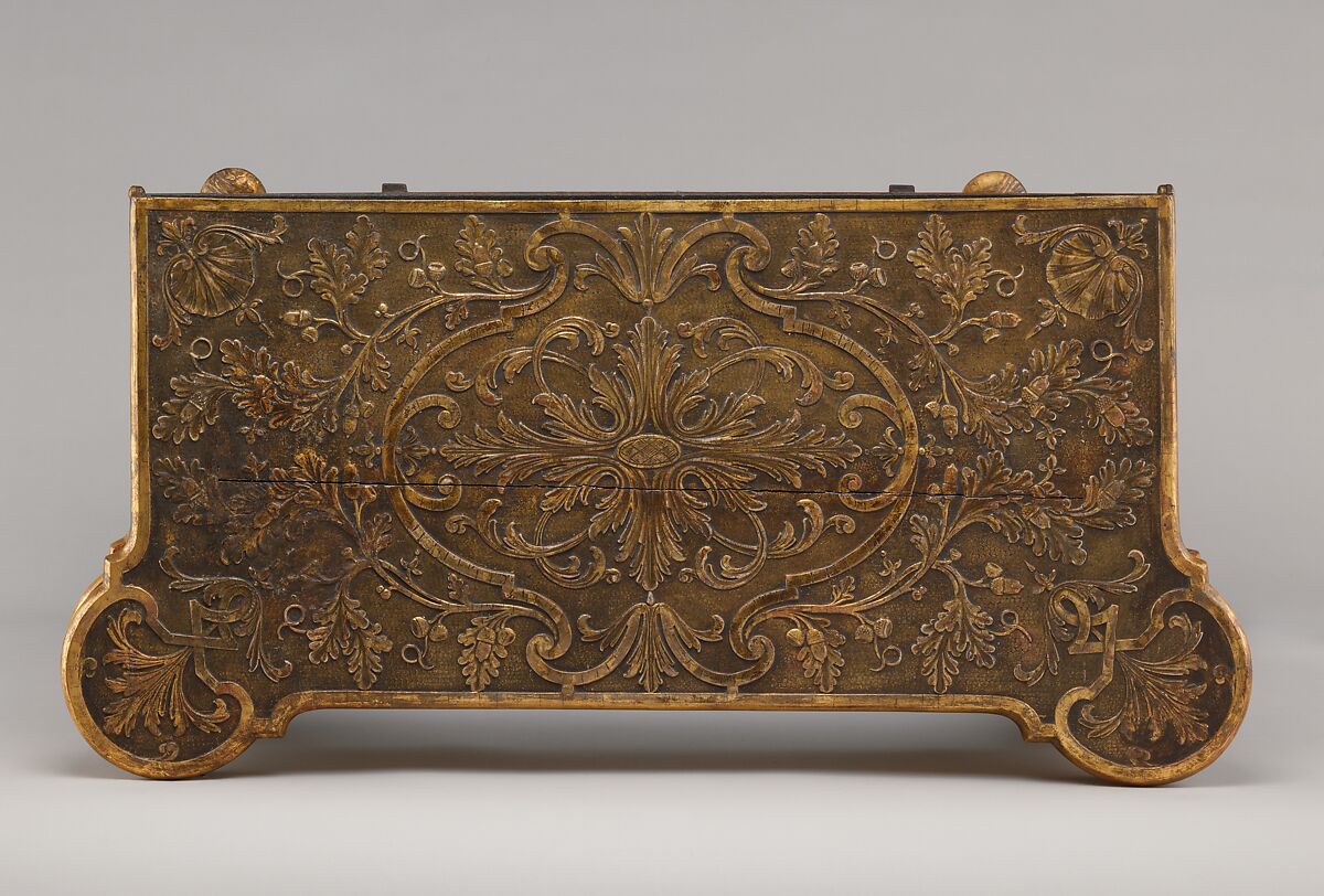 Card table, Oak; carved and gilded gesso; lined with modern felt; iron fittings, British