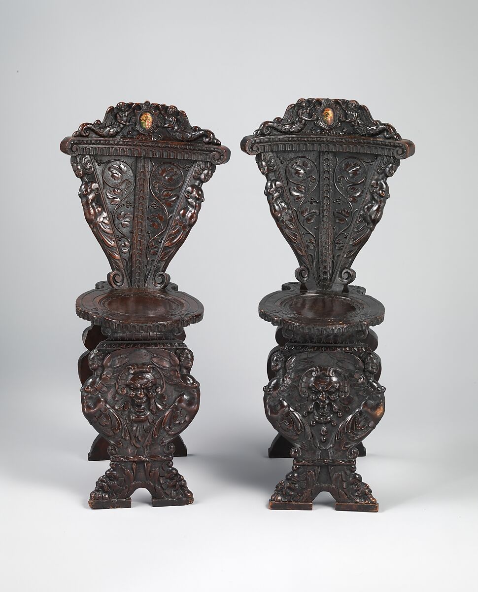 Sgabello (one of a pair), Carved and painted walnut, Italian, Florence 