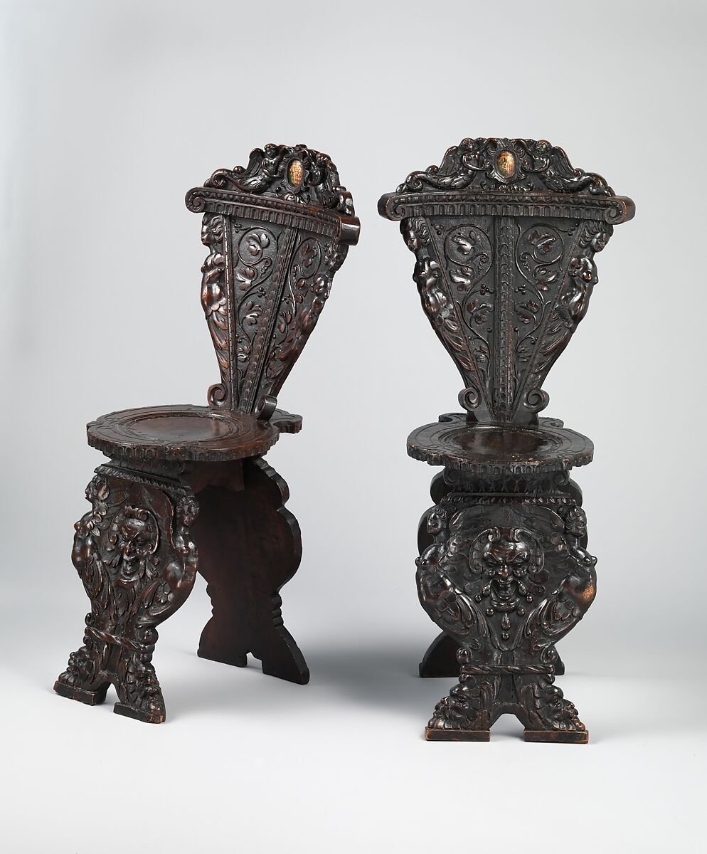 Sgabello (one of a pair), Carved and painted walnut, Italian, Florence