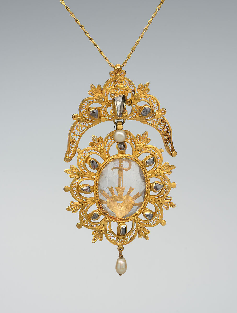 Pendant with chain, Gold, diamonds, crystals, pearls, Spanish