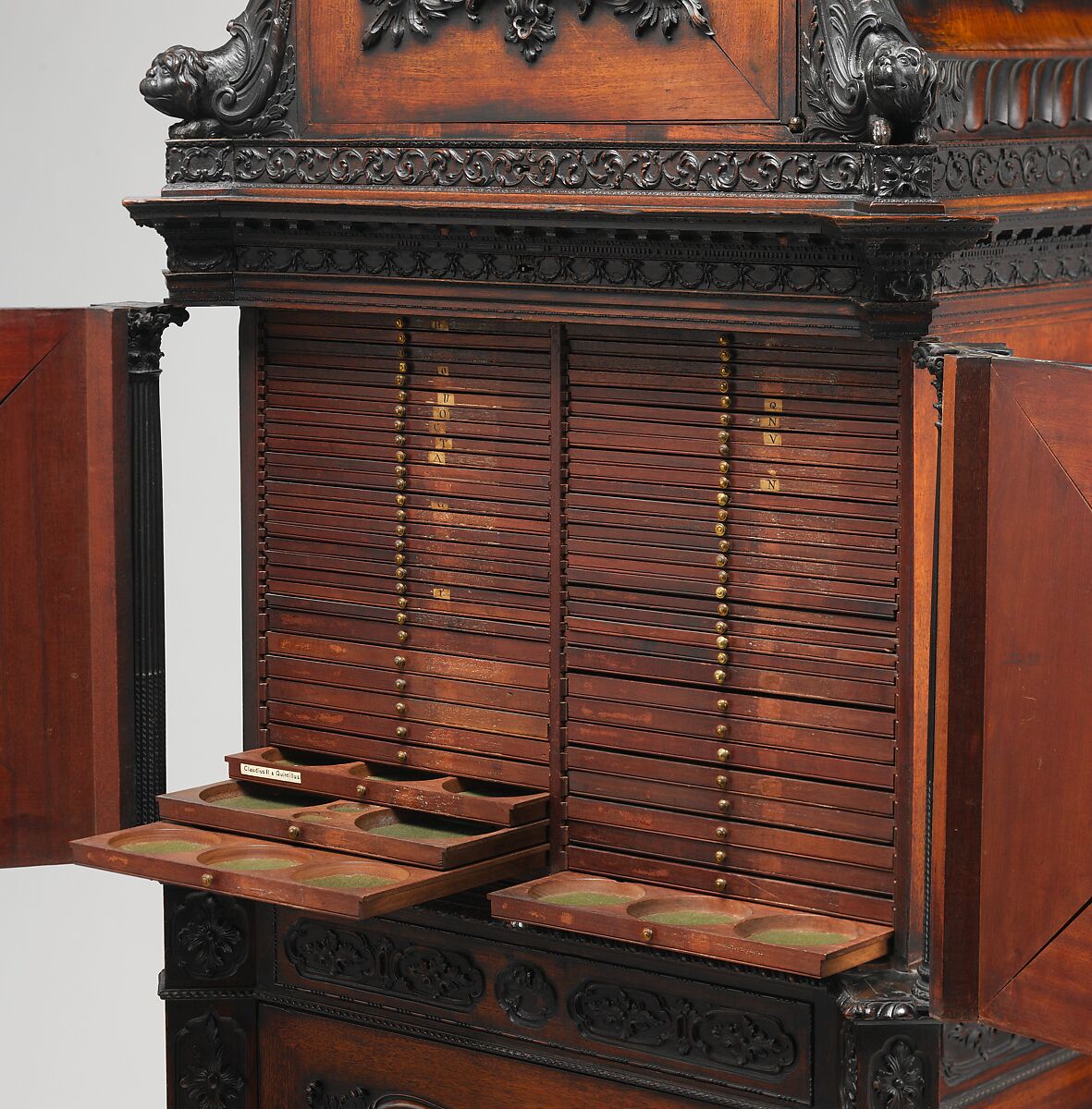 Medal cabinet, Attributed to William Vile (British, Somerset 1715–1767 London), Mahogany with carved and applied decoration, British