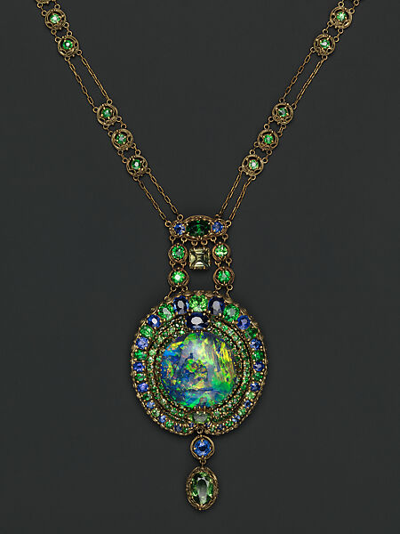 Necklace, Louis C. Tiffany (American, New York 1848–1933 New York), Gold, black opal, demantoid garnets, sapphires, American